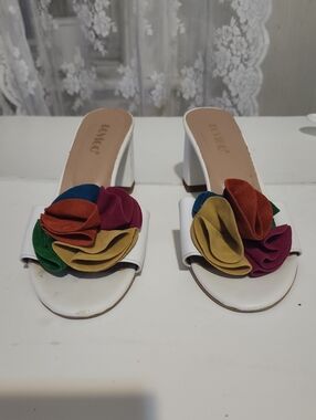 White Heeled Slide Sandals with Multicolor Floral Accent